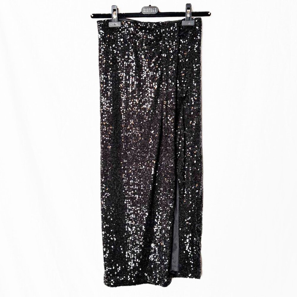 Rachel Zoe High-Waisted Black Sequin Long Pencil Skirt – Side Slit, Size S